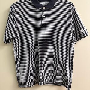 Nike Men's Navy and White Striped Polo Shirt